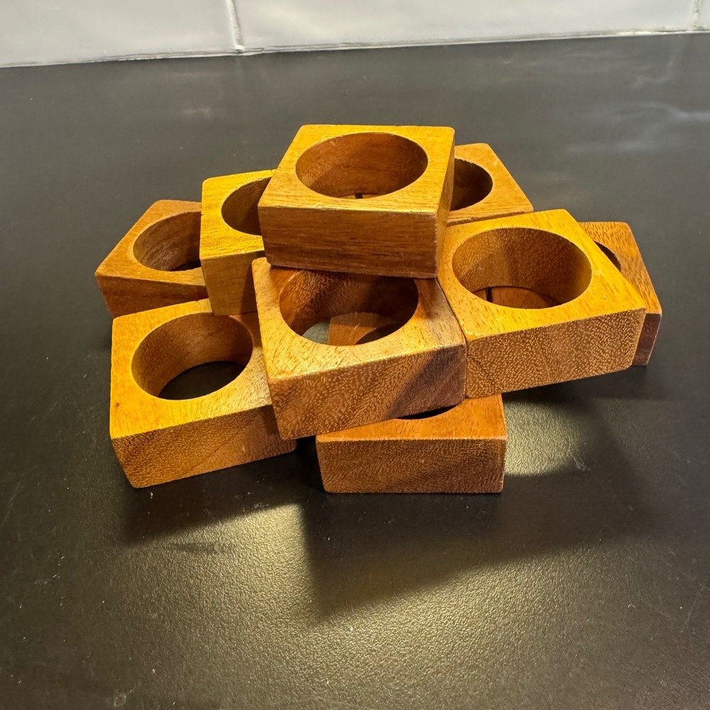 Wooden Napkin Rings Set of 10 Brown Square Mid Century Modern Rustic Table Decor